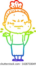 rainbow gradient line drawing of a cartoon annoyed old lady