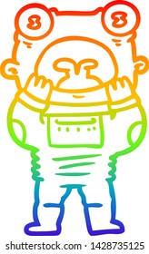 dibujo de una línea de gradiente de arco iris de un extraterrestre con caricatura que gime en sorpresa