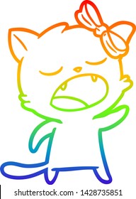 rainbow gradient line drawing of a cartoon cat meowing