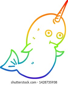 dibujo de línea de gradiente de arco iris de un narval blanco de dibujos animados