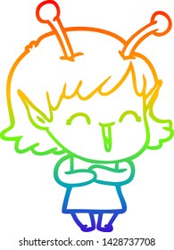 rainbow gradient line drawing of a cartoon happy alien girl