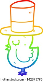 rainbow gradient line drawing of a cartoon bird wearing top hat