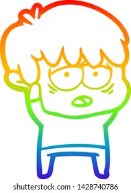 rainbow gradient line drawing of a cartoon exhausted boy