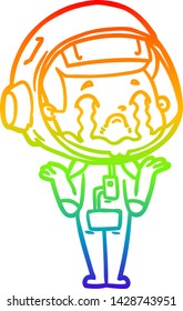 rainbow gradient line drawing of a cartoon crying astronaut