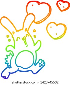 dibujo de una línea de degradado de arco iris de un conejo de dibujos animados enamorado