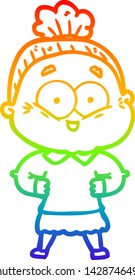 rainbow gradient line drawing of a cartoon happy old woman