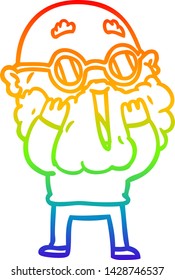 rainbow gradient line drawing of a cartoon amazed man with beard