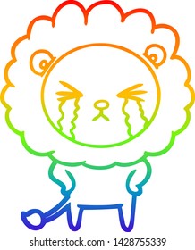 rainbow gradient line drawing of a cartoon crying lion