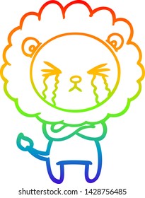 rainbow gradient line drawing of a cartoon crying lion with crossed arms