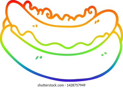 dibujo de una línea de degradado de arco iris de un hotdog de caricatura en un bollo