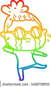 rainbow gradient line drawing of a cartoon crying woman wearing spectacles
