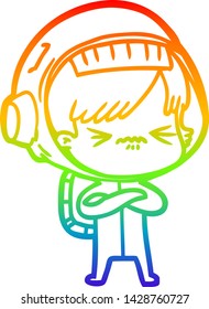 rainbow gradient line drawing of a cartoon astronaut woman