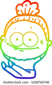 rainbow gradient line drawing of a cartoon happy old woman