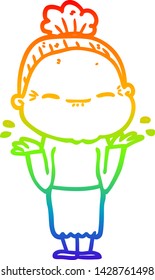 rainbow gradient line drawing of a cartoon peaceful old woman