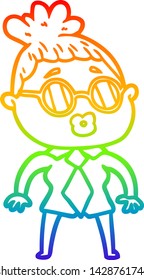 rainbow gradient line drawing of a cartoon office woman wearing spectacles