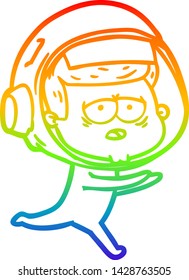 dibujo de una línea de gradiente arcoiris de un astronauta cansado de la caricatura