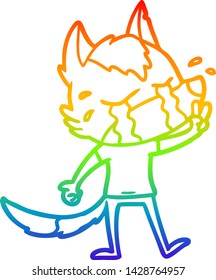 rainbow gradient line drawing of a cartoon crying wolf