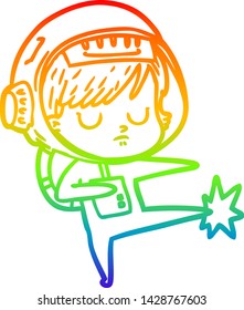 rainbow gradient line drawing of a cartoon astronaut woman