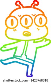 dibujo de una línea de gradiente de arcoiris de un extraterrestre de tres ojos de caricatura