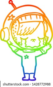 rainbow gradient line drawing of a cartoon crying astronaut girl