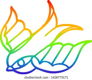 rainbow gradient line drawing of a cartoon tattoo swallow symbol