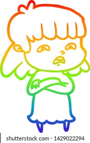 Regenbogen-Farbverlauf-Zeichnung einer Cartoon besorgten Frau