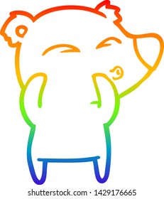 desenho de linha de gradiente do arco-íris de um urso assobiador de desenho animado
