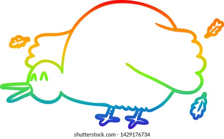 rainbow gradient line drawing of a cartoon kiwi bird flapping wings