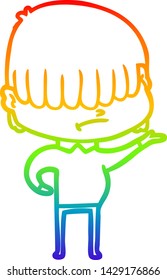 rainbow gradient line drawing of a cartoon boy with untidy hair