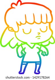 rainbow gradient line drawing of a cartoon indifferent woman