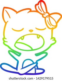 rainbow gradient line drawing of a cartoon yawning cat
