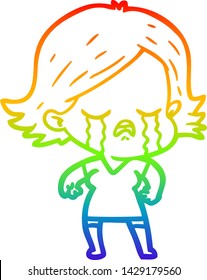 rainbow gradient line drawing of a cartoon girl crying
