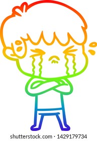 rainbow gradient line drawing of a cartoon boy crying