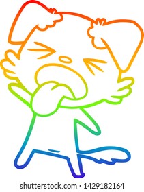 dibujo de una línea de gradiente de arco iris de un perro asqueado con dibujos animados
