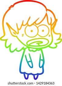 rainbow gradient line drawing of a cartoon shocked elf girl