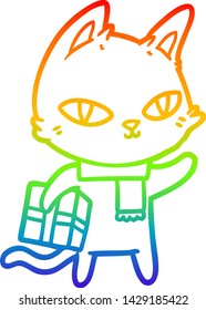 dibujo de una línea de degradado de arco iris de un gato de dibujos animados con regalo