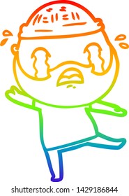 rainbow gradient line drawing of a cartoon bearded man crying