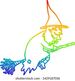 Regenbogengradientenzeichnung einer Cartoon-Hexe auf Besen