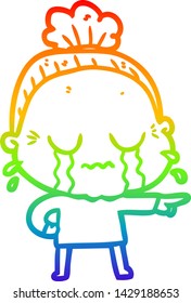 rainbow gradient line drawing of a cartoon crying old lady