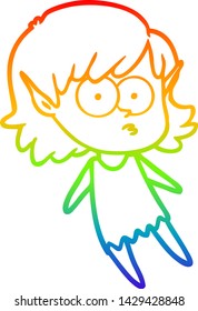 desenho de linha de gradiente arco-íris de uma menina elfo de desenho animado flutuante