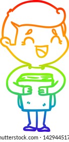 dibujo de una línea de gradiente de arcoiris de un caricaturista sosteniendo un libro
