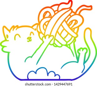 rainbow gradient line drawing cartoon cat playing and ball string