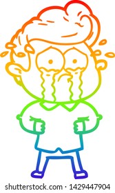 rainbow gradient line drawing of a cartoon crying man with hands on hips