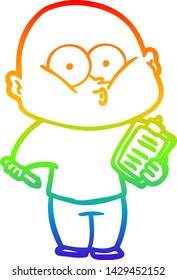 rainbow gradient line drawing of a cartoon bald man staring