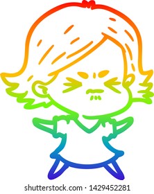 rainbow gradient line drawing of a cartoon angry woman