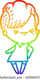 Regenbogen-Farbverlauf-Linie Zeichnung eines Cartoons störte Hipster-Mädchen