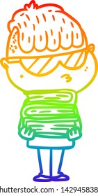 rainbow gradient line drawing of a cartoon boy wearing sunglasses with stack of books