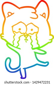 rainbow gradient line drawing of a cartoon crying cat