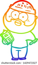 rainbow gradient line drawing of a cartoon bearded man with clipboard and pen