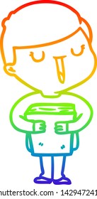 rainbow gradient line drawing of a cartoon happy boy talking about his book
